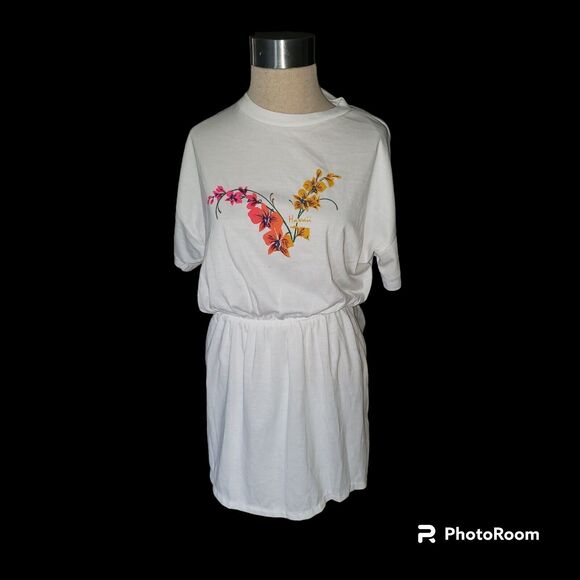Vintage Hawaiian Flavor Cover Up T Shirt Dress White Floral New With Tags - Picture 2 of 11